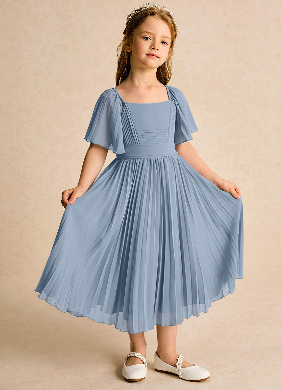 Azazie Gisele Abiti da Ragazza di Fiori Abito A-Line in Chiffon Plissettato Blu Polveroso image4
