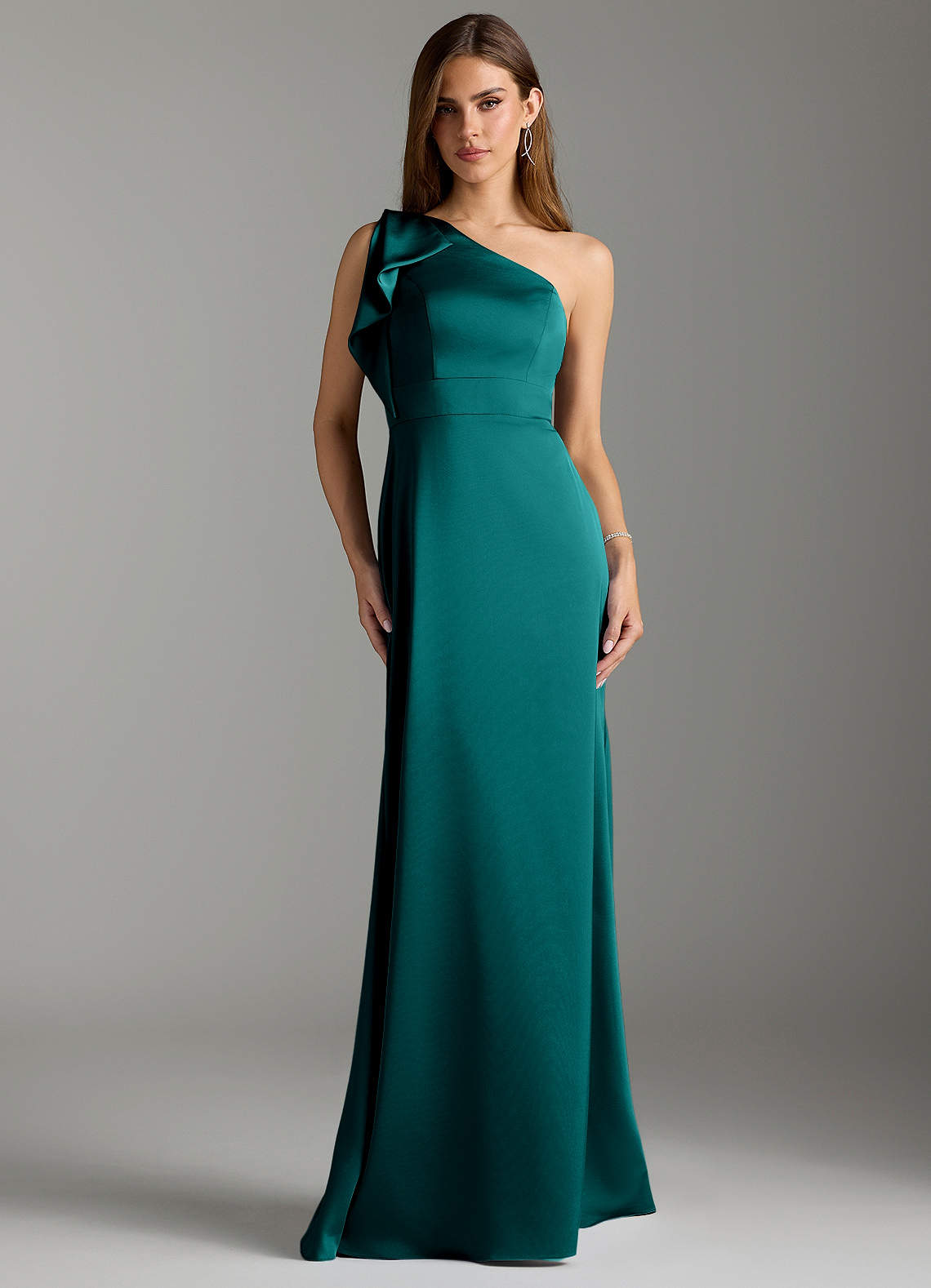 Azazie Rinna Bridesmaid Dresses Peacock Mermaid Ruched Stretch Satin Dress image1