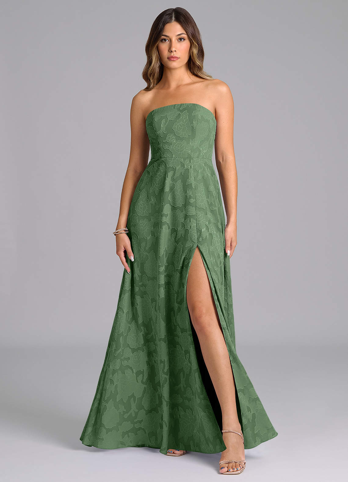 Azazie Wren Bridesmaid Dresses Eucalyptus A-Line Strapless Floral Burnout Dress image1