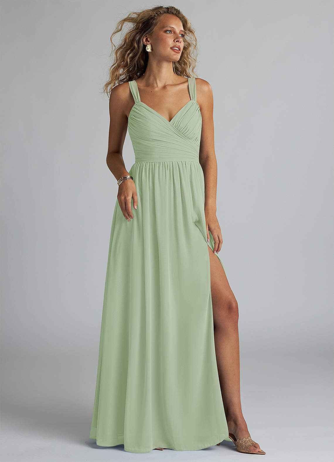 Azazie Aziza Bridesmaid Dresses Dusty Sage A-Line V-Neck Pleated Chiffon Dress image1