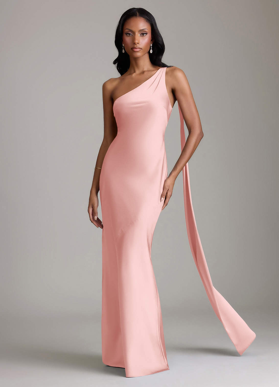 Azazie Juniper Brudtärnklänningar Klä av Sjöjungfru i Stretch Satin Ena axeln Puderrosa image3