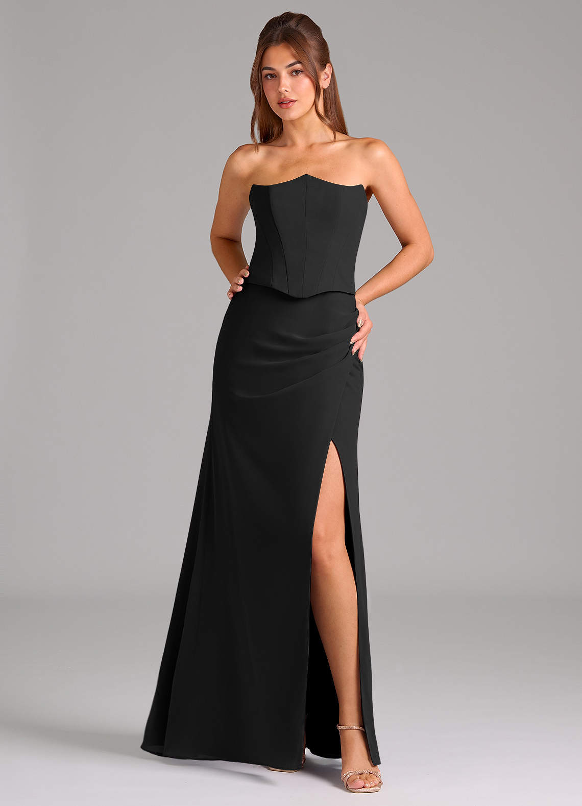 Azazie Jenine Vestidos de damas de honor Vestido de Negro de Gasa de Corte Sirena con Sin tirantes image1