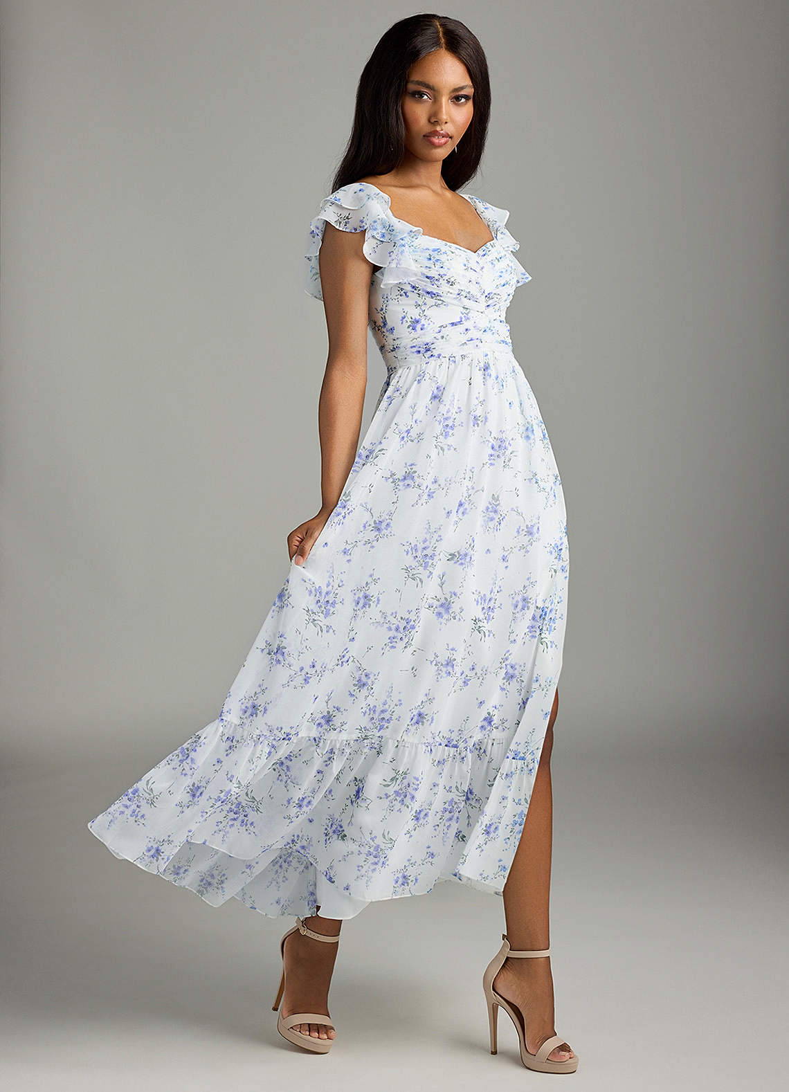 Azazie Anaya Bridesmaid Dresses Blue Cottage Floral A-Line Pleated Chiffon Dress image1