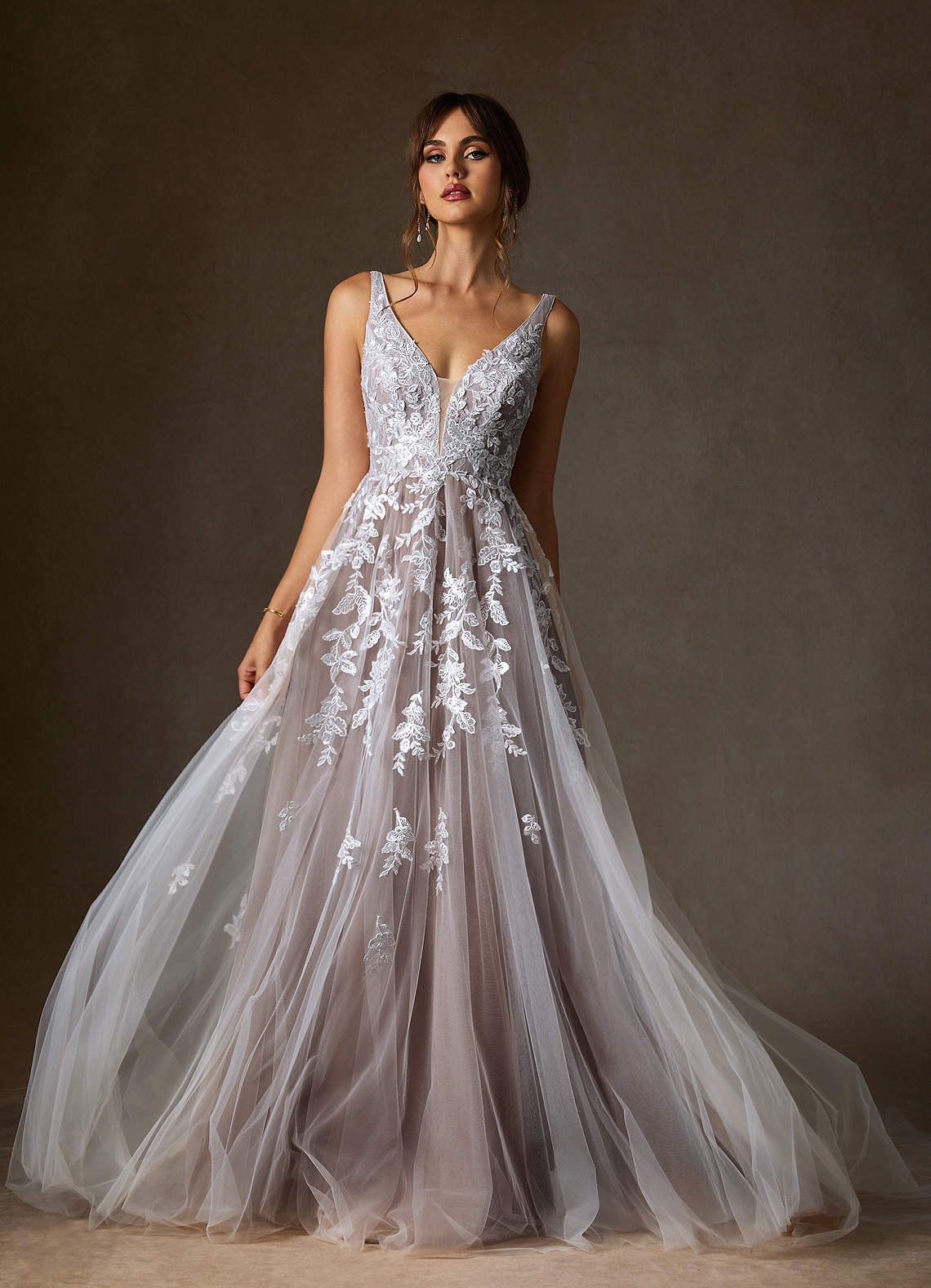 Azazie Sorella Diamond White Mocha A-Line V-Neck Sequins Tulle