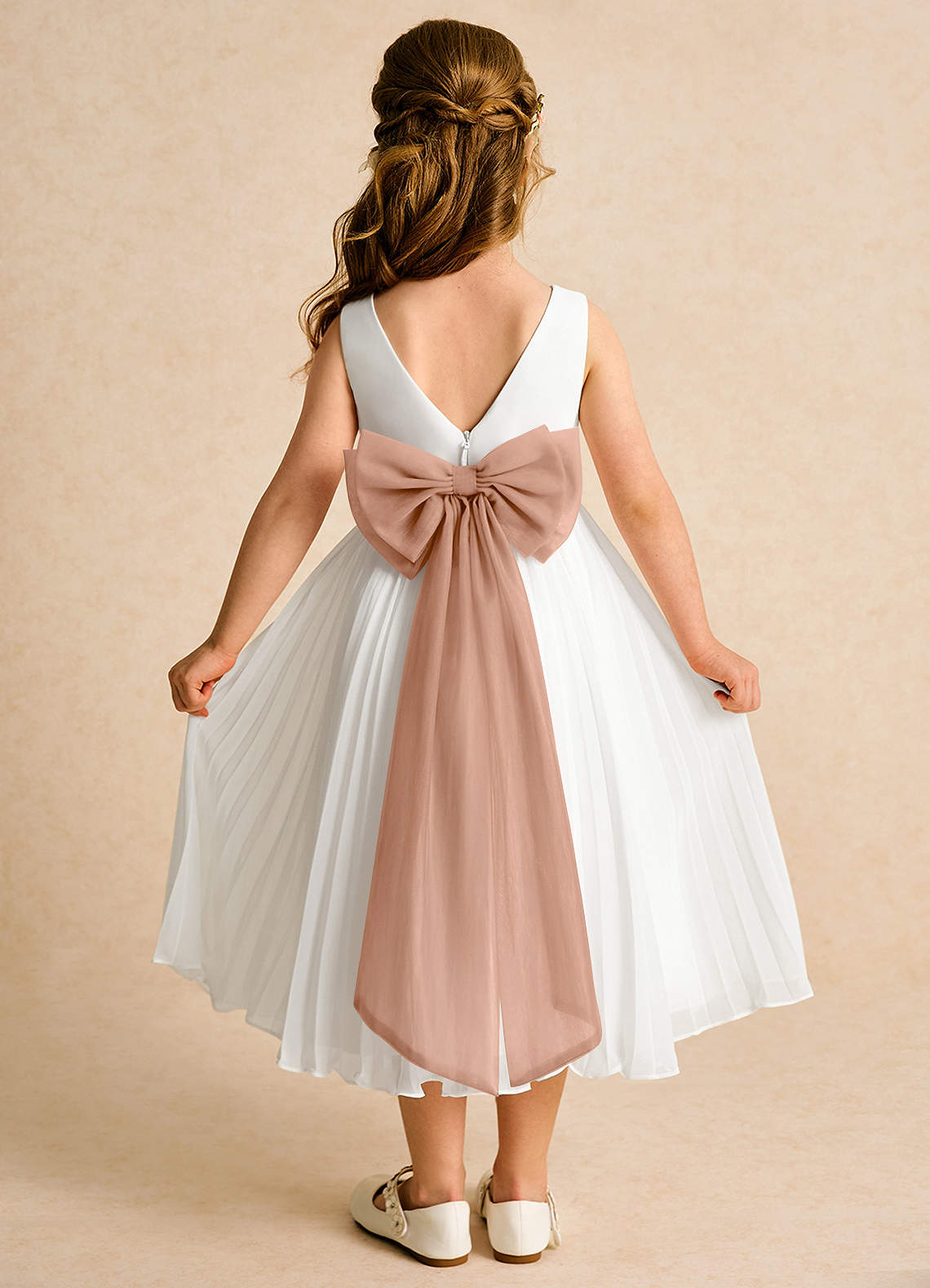 Azazie Margot Flower Girl Dresses Ivory Champagne Rose A-Line Pleated Chiffon Dress image1