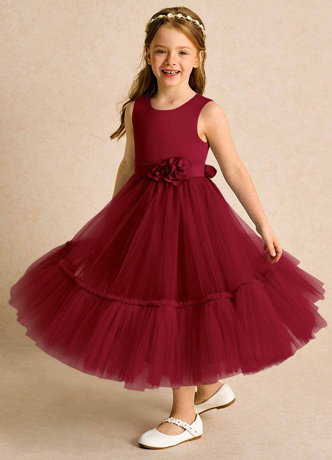 Azazie Miracle Flower Girl Dresses Burgundy A-Line Bow Matte Satin Dress image3