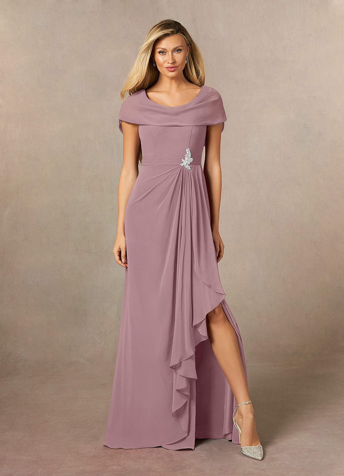 Azazie Mary Mother of the Bride Dresses Dusty Rose A-Line Side Slit Chiffon Dress image1