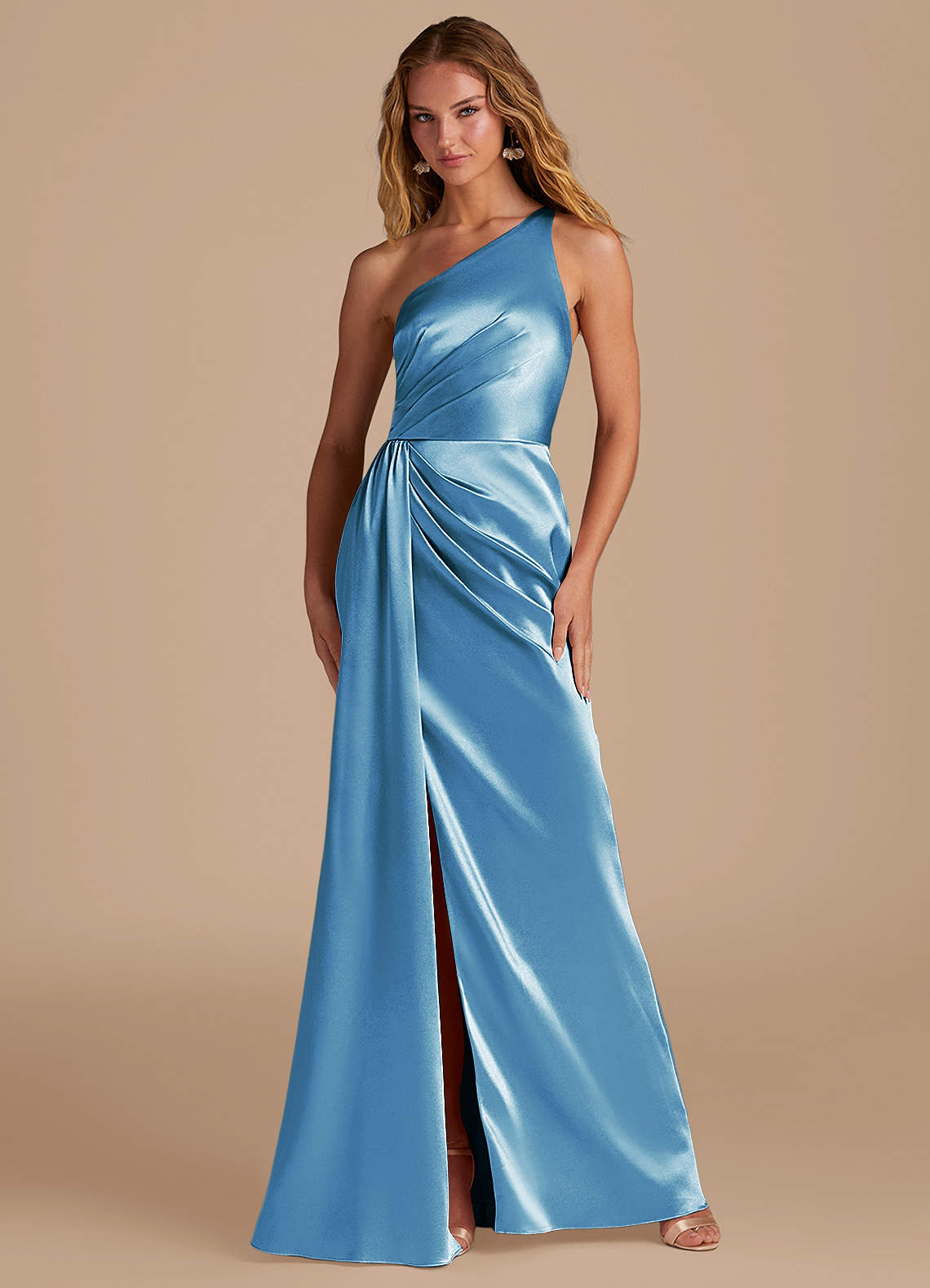 Azazie Mika Bridesmaid Dresses Steel Blue Sheath One Shoulder Metallic Satin Dress image1