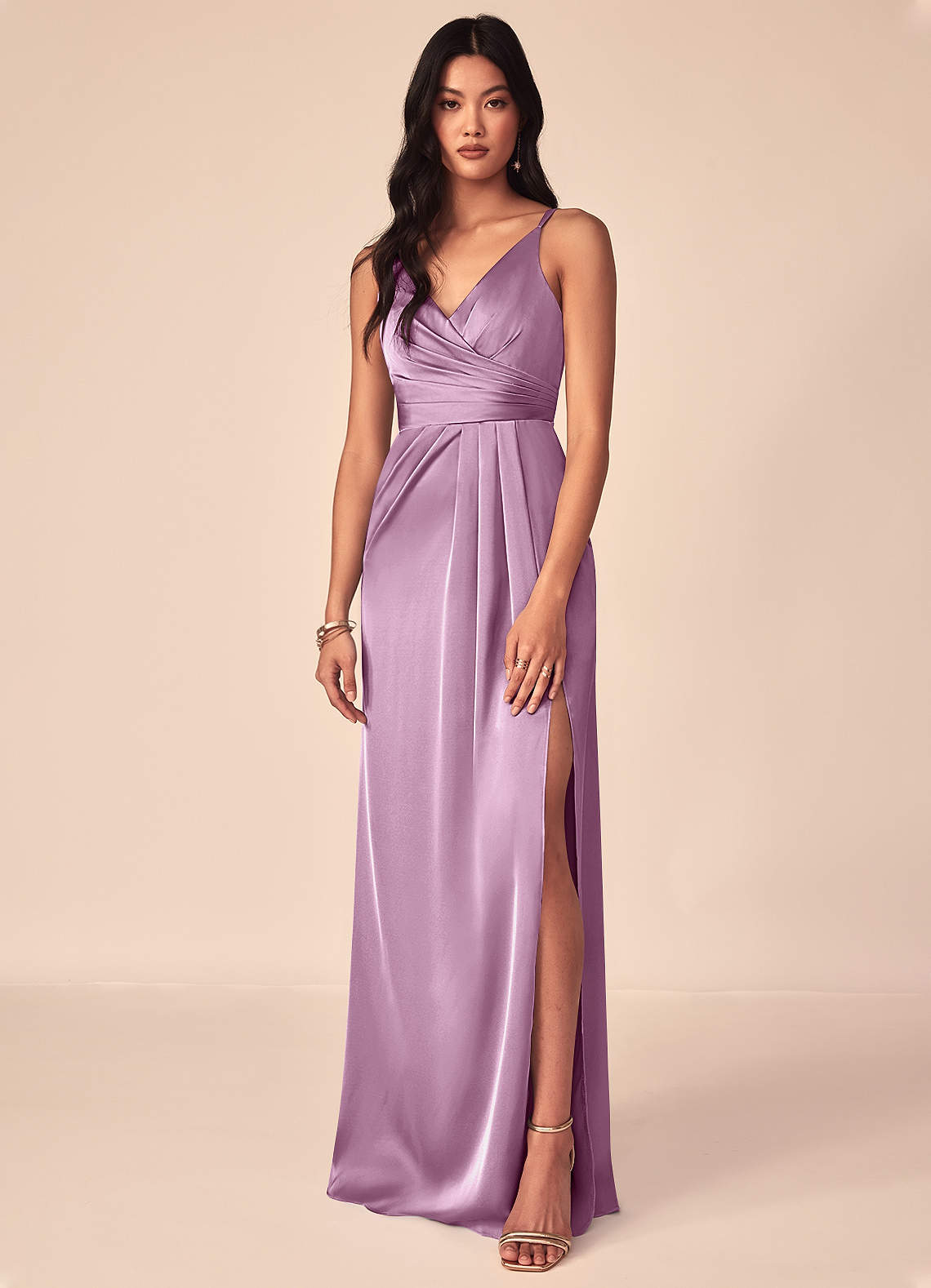 Azazie Aqua Bridesmaid Dresses Wisteria A-Line V-Neck Pleated Stretch Satin Dress image1