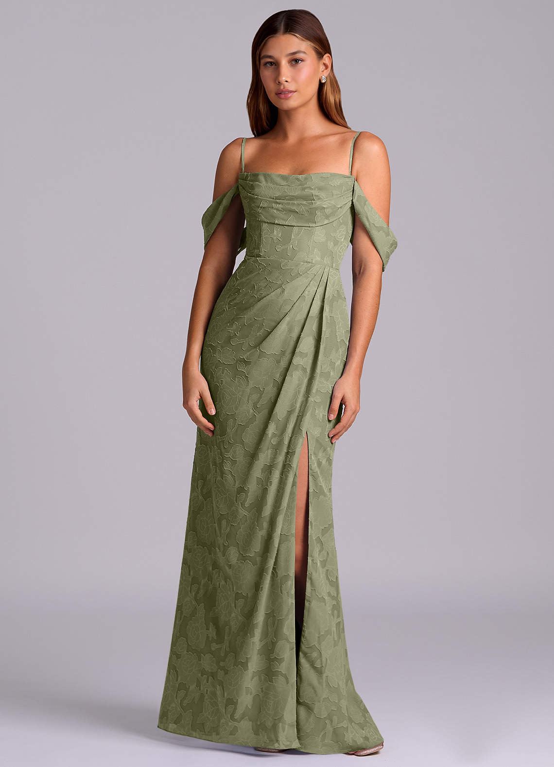 Azazie Johana Brautjungfernkleider Wandelbar Meerjungfrau-Linie Schulterfrei Blumen-Burnout Kleid Pistazie image5