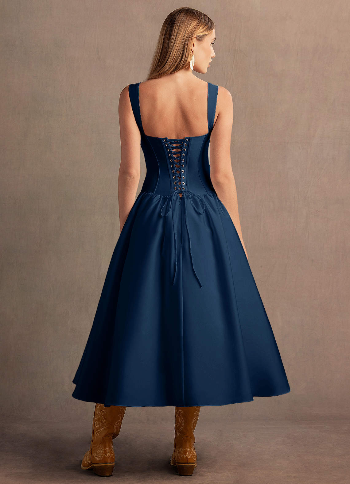 Arwen Navy Dropped Waist Midi Dress | Azazie DE