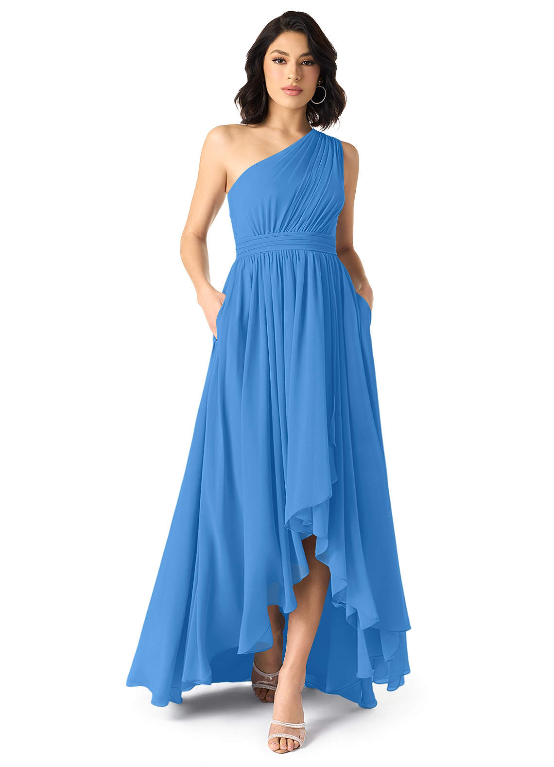 Azazie Mathilda Vestidos de damas de honor Vestido de Azul Grisaceo de Gasa de Corte en A con Hombro unilateral image1