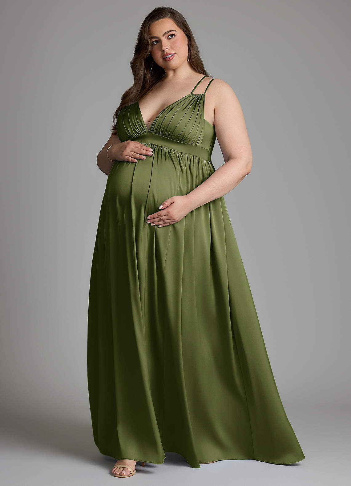 Azazie Emree Maternity Bridesmaid Dresses A-Line Stretch Satin Floor-Length Dress with Pockets image7