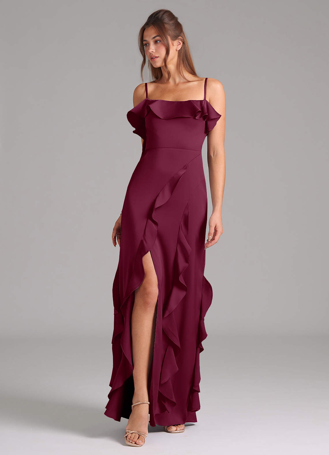 Azazie Malia Bridesmaid Dresses Mulberry A-Line Side Slit Stretch Satin Dress image1