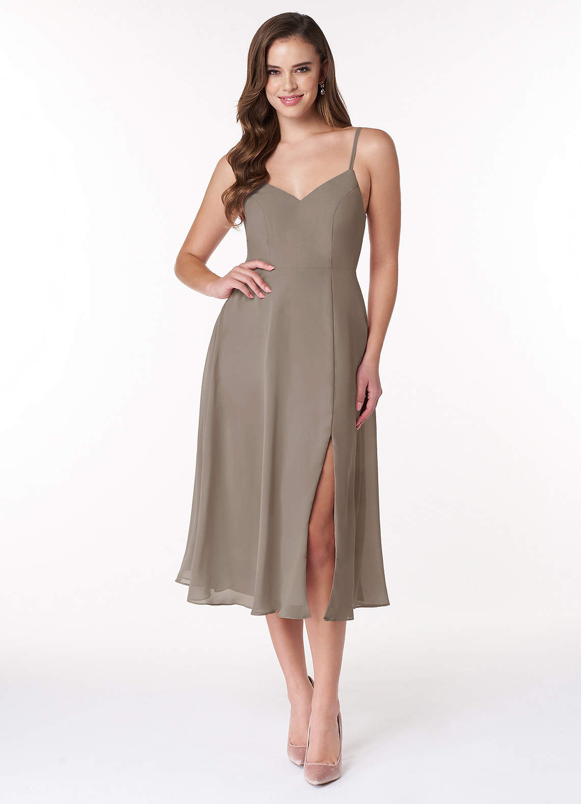Azazie Clarissa Bridesmaid Dresses Taupe A-Line V-Neck Chiffon Dress image1