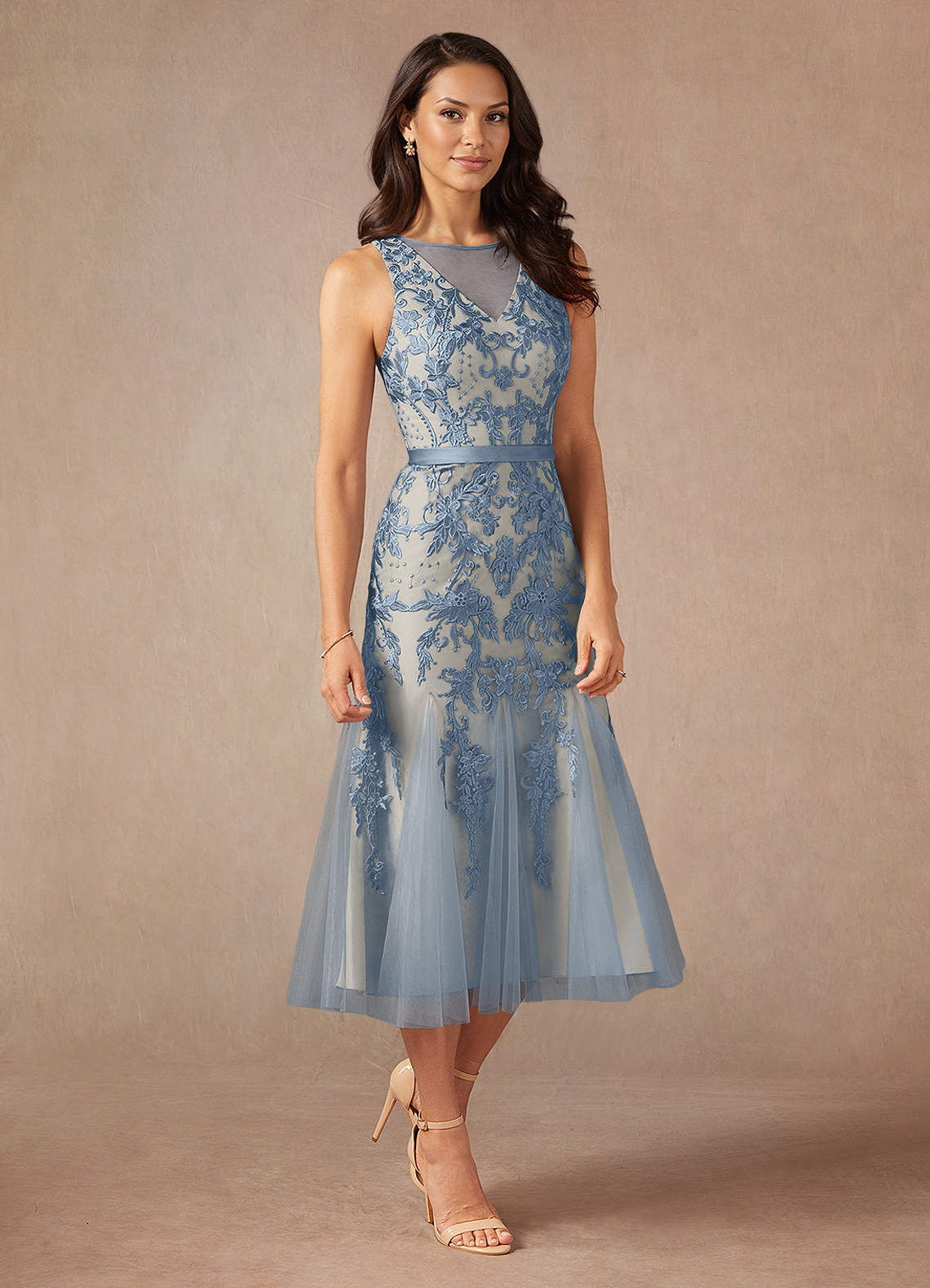Azazie Herrin Kleider für die Brautmutter Meerjungfrau-Linie Spitze Kleid Taubenblau Champagner image1