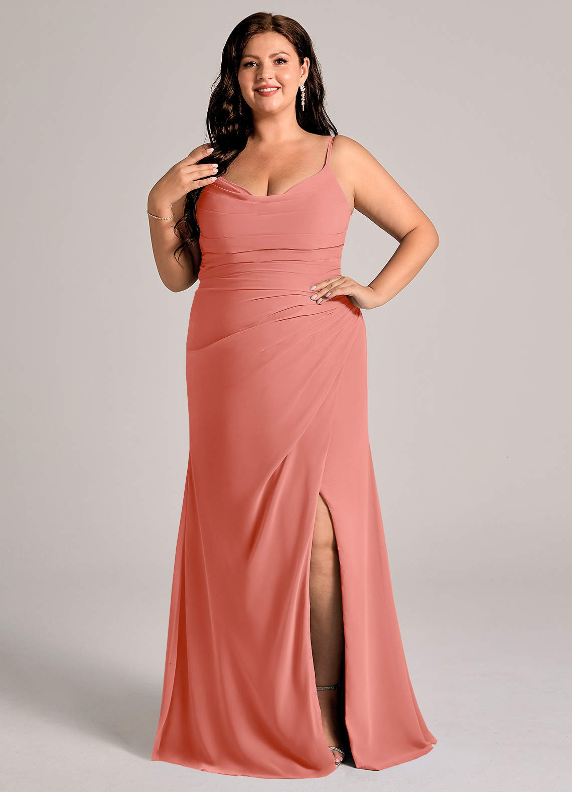 Azazie Deandra Bridesmaid Dresses Salmon Pink Mermaid Pleated Chiffon Dress image1
