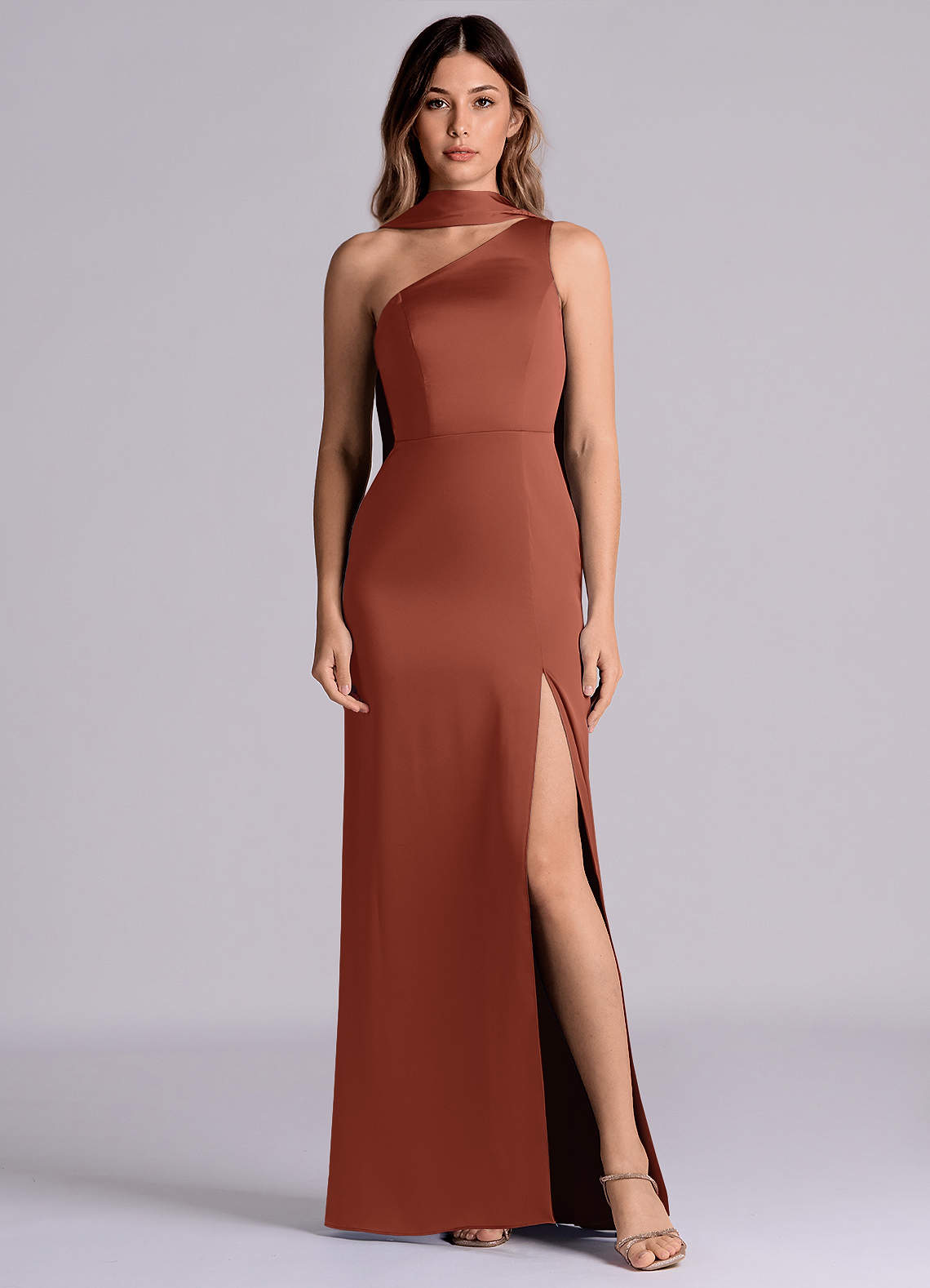 Azazie Phaedra Bridesmaid Dresses Auburn A-Line One Shoulder Stretch Satin Dress image1