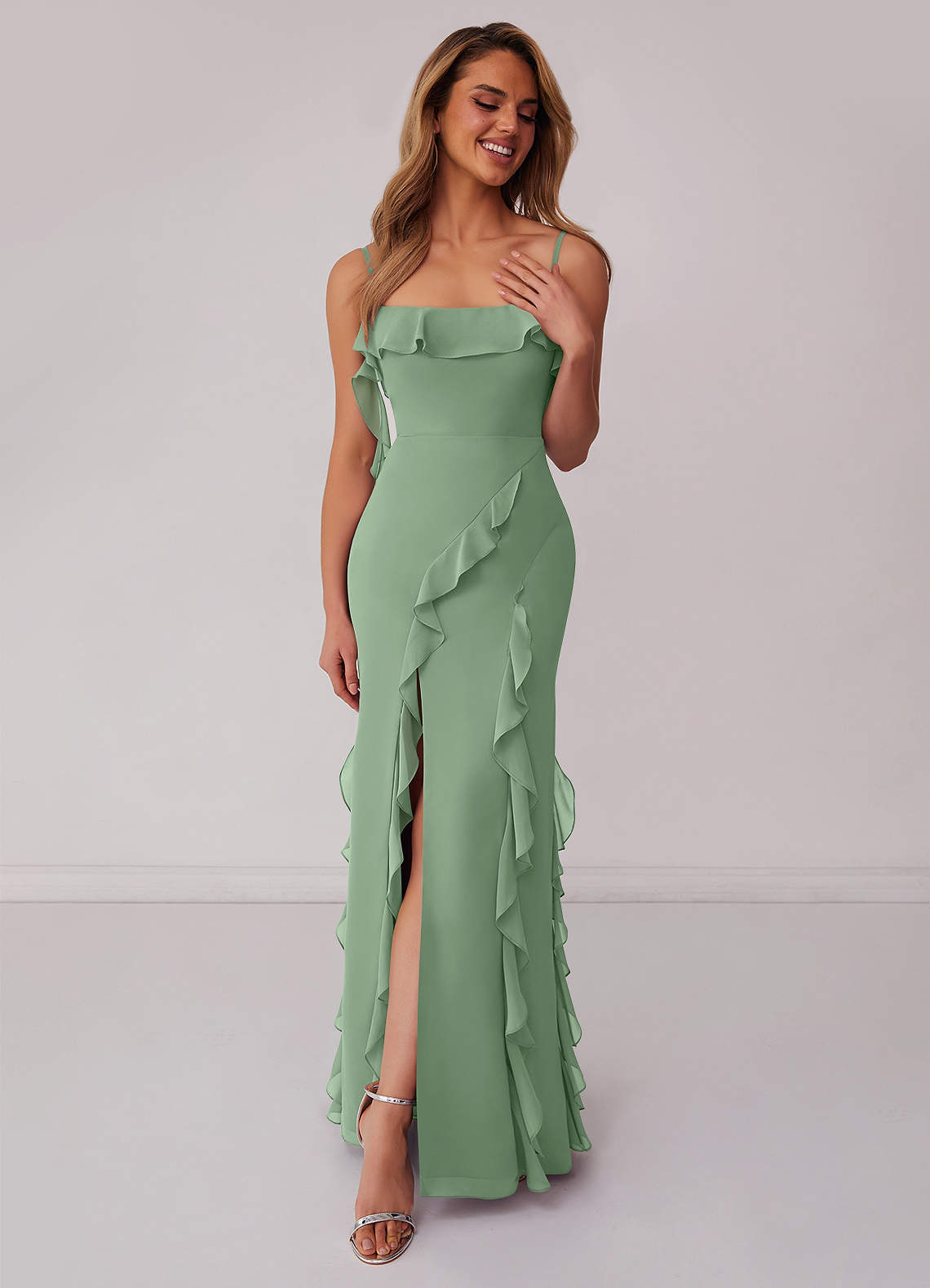 Off-the-Shoulder Sheath Chiffon Ruched Bridesmaid Dress in Matcha main image 1