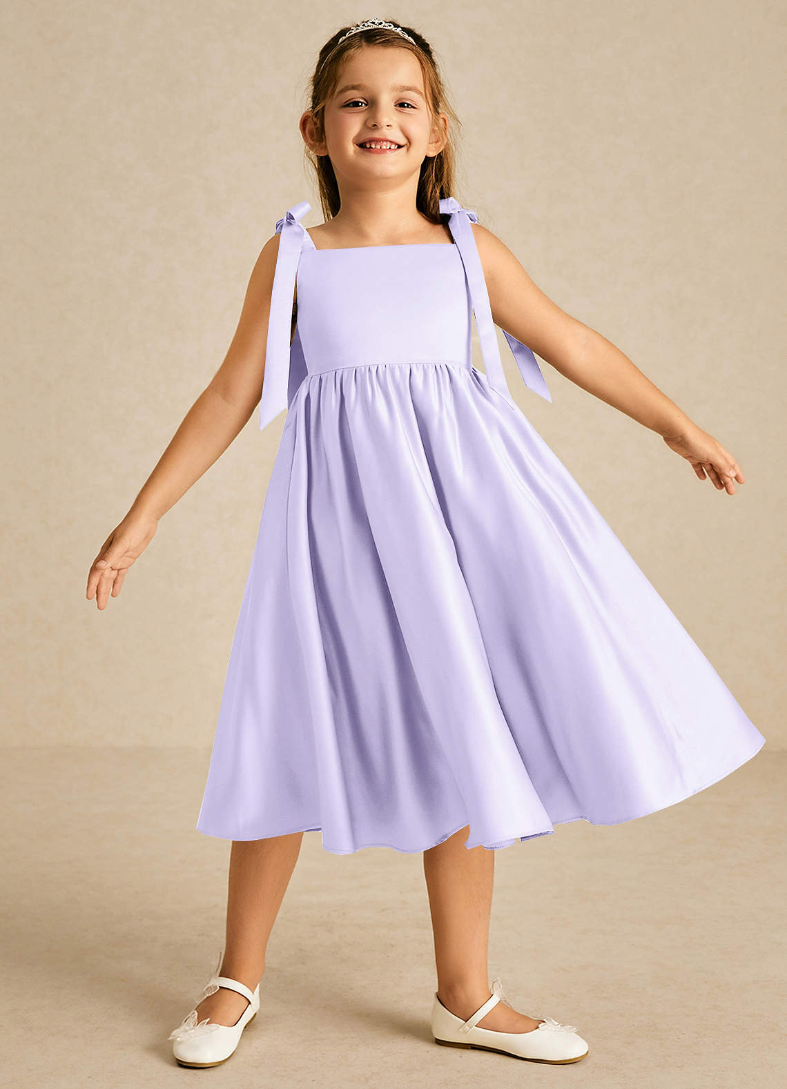 Azazie Chelsie Flower Girl Dresses Lilac A-Line Bow Matte Satin Dress image1