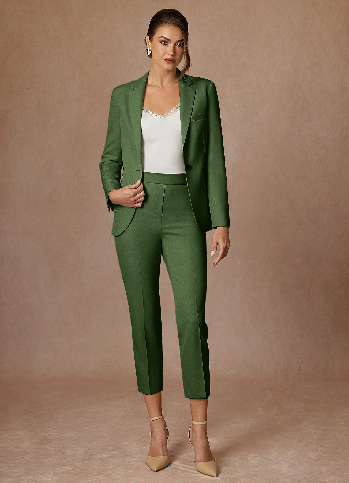 front Kennedy Olive Structured Stretch Pants Suit