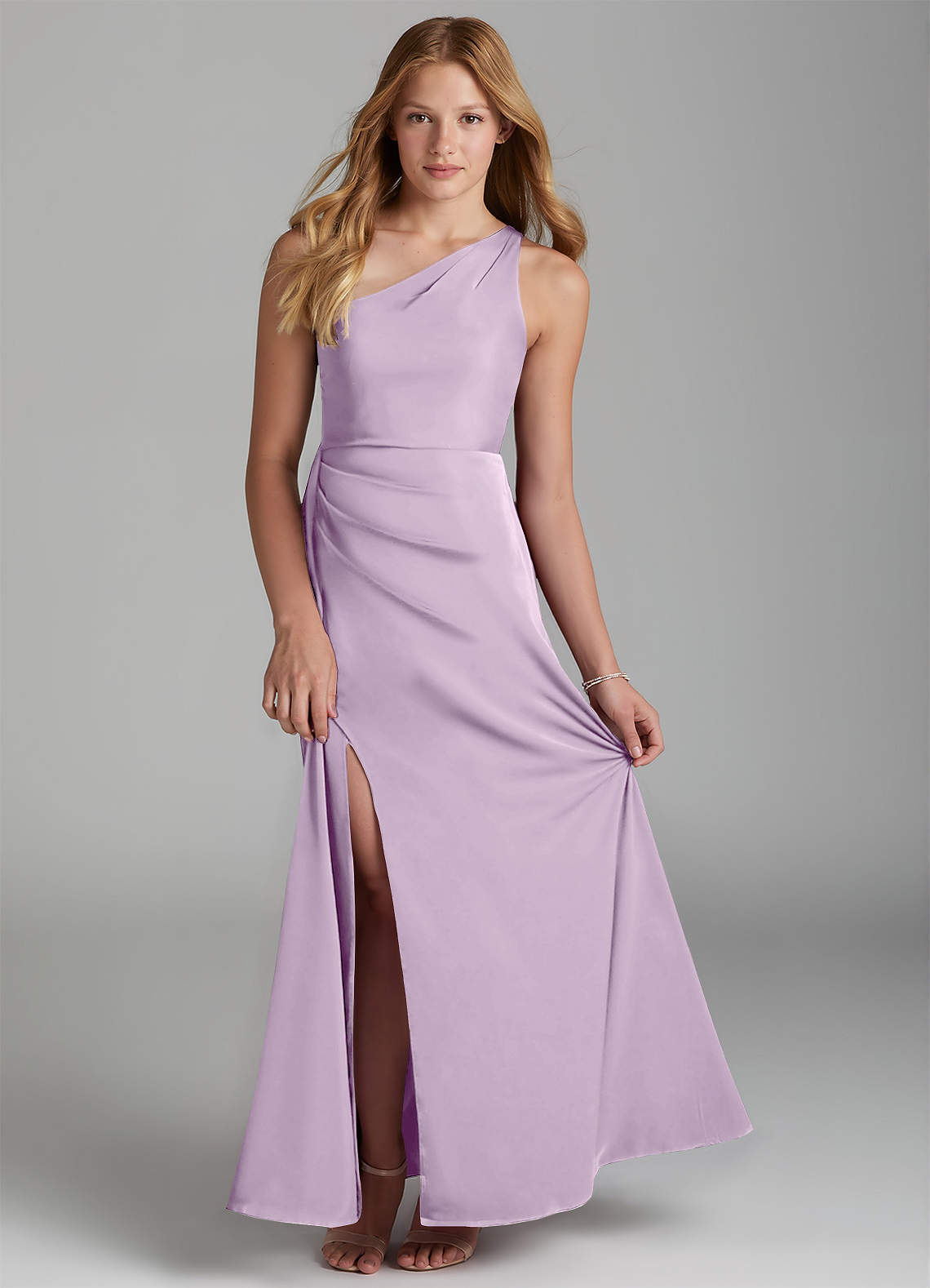 Azazie Maron Junior Frosted Lilac A-Line Pleated Stretch Satin Dress image1