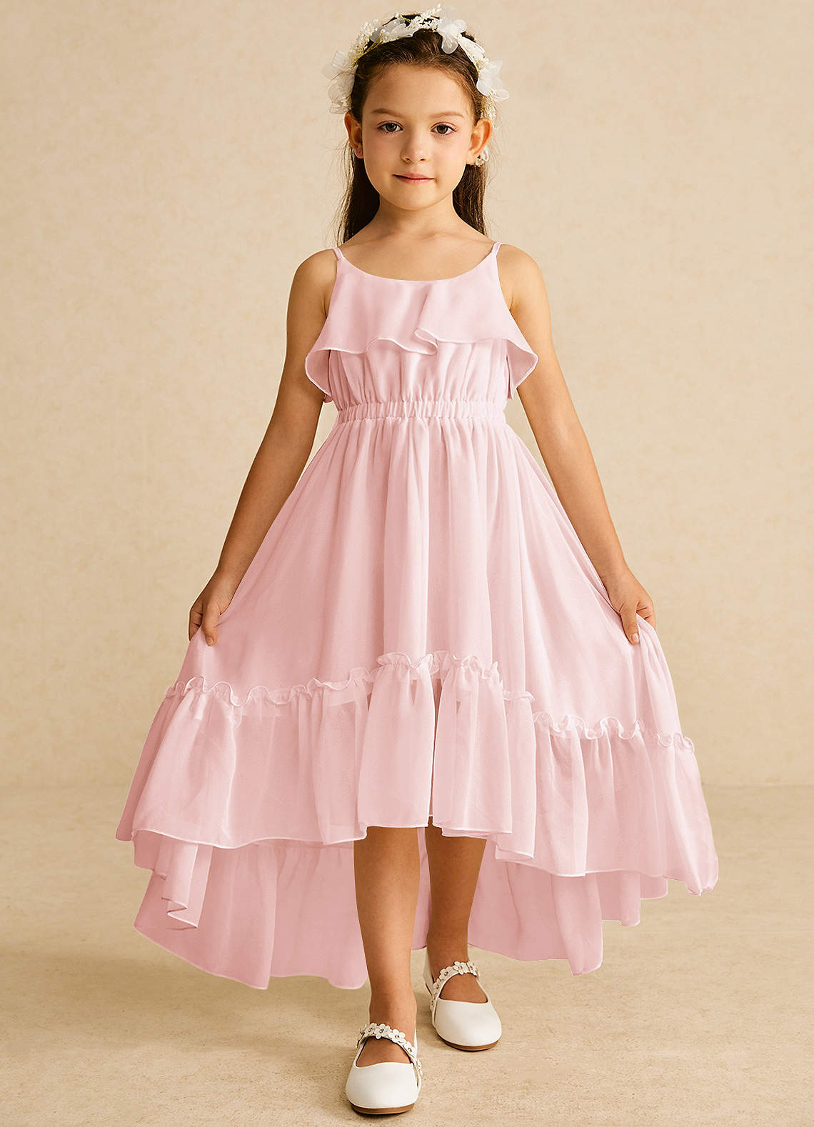 Azazie Karmen Flower Girl Dresses Blushing Pink A-Line Ruched Chiffon Dress image1