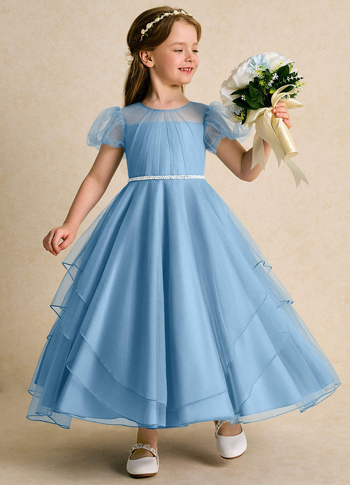 Azazie Duckie Steel Blue Ball-Gown Pleated Tulle Dress Azazie UK