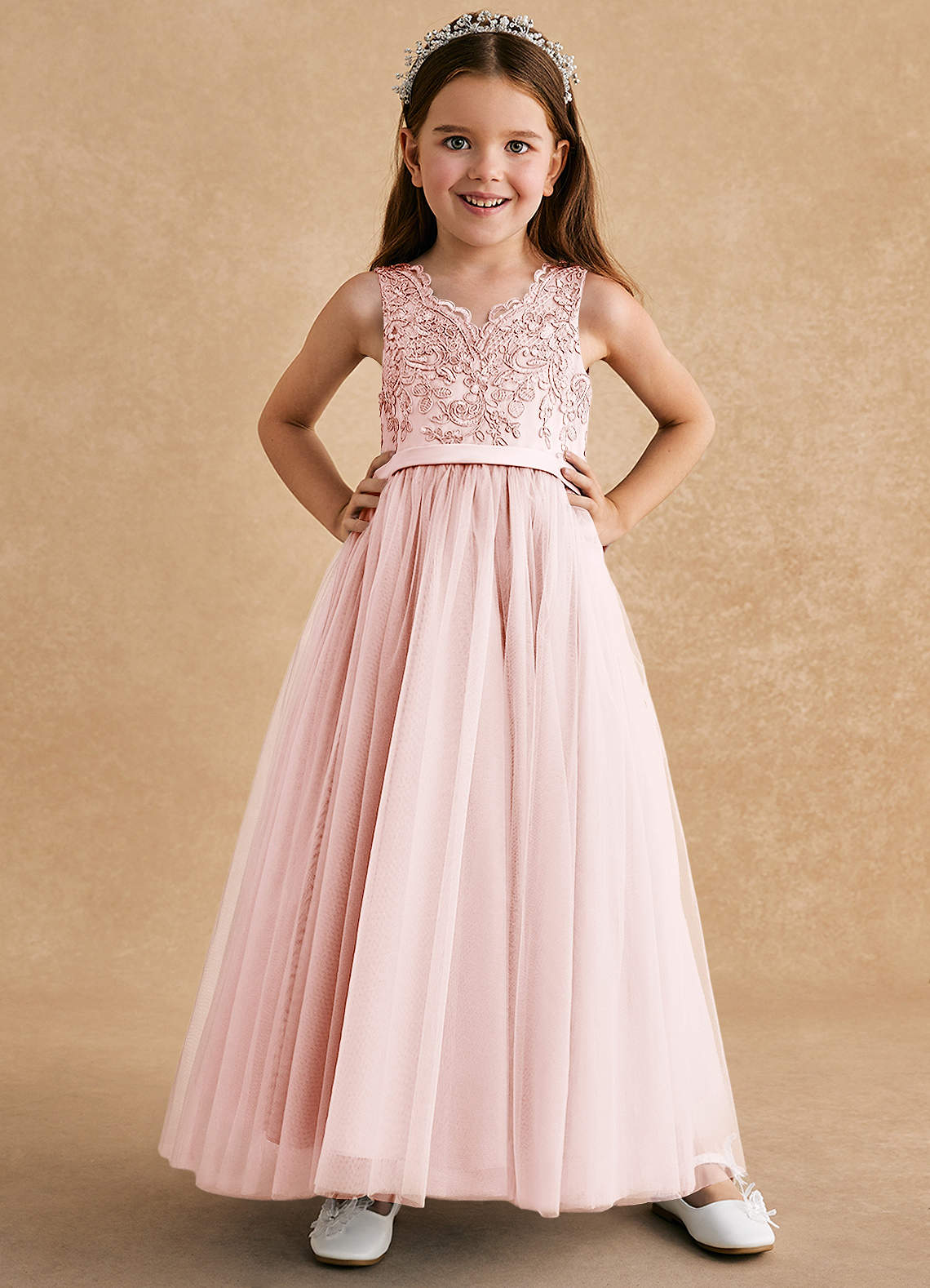 Azazie Cinna vestidos de niña de las flores Vestido de Rosa Rubor de Tul de Corte En A con Encaje image1