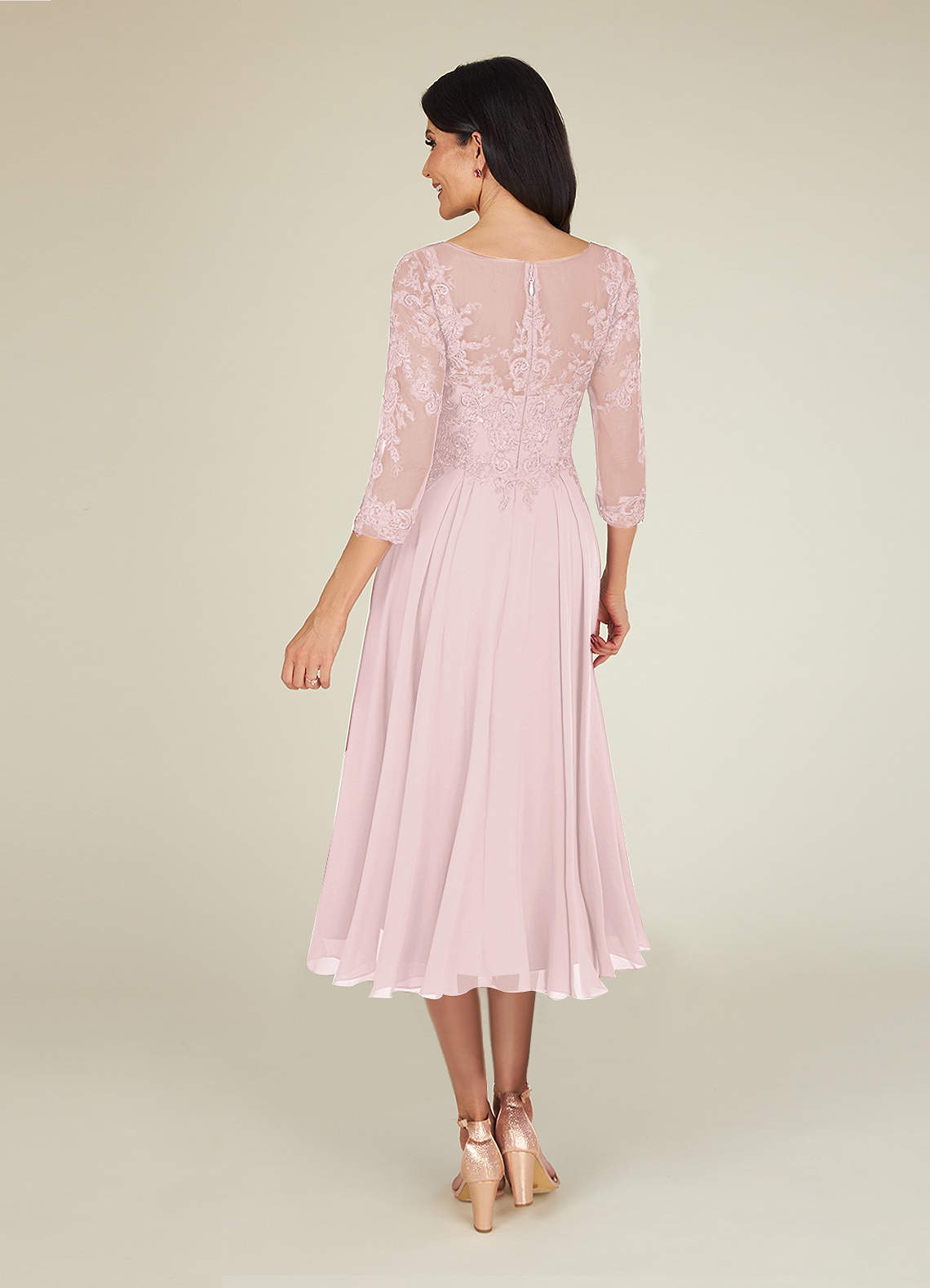 A-Line Lace Applique Chiffon Tea-Length Dress Sunset main image 1