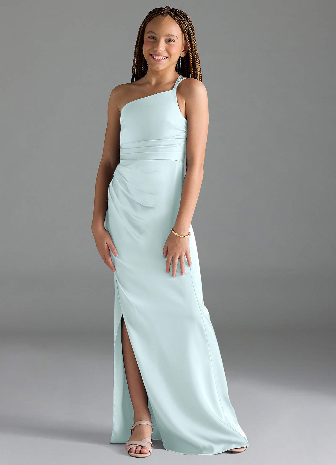 Azazie Eren Junior Sea Glass Sheath Pleated Stretch Satin Dress image1