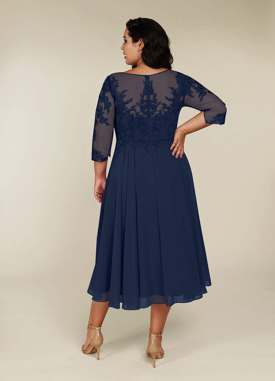A-Line Lace Applique Chiffon Tea-Length Dress Ivory