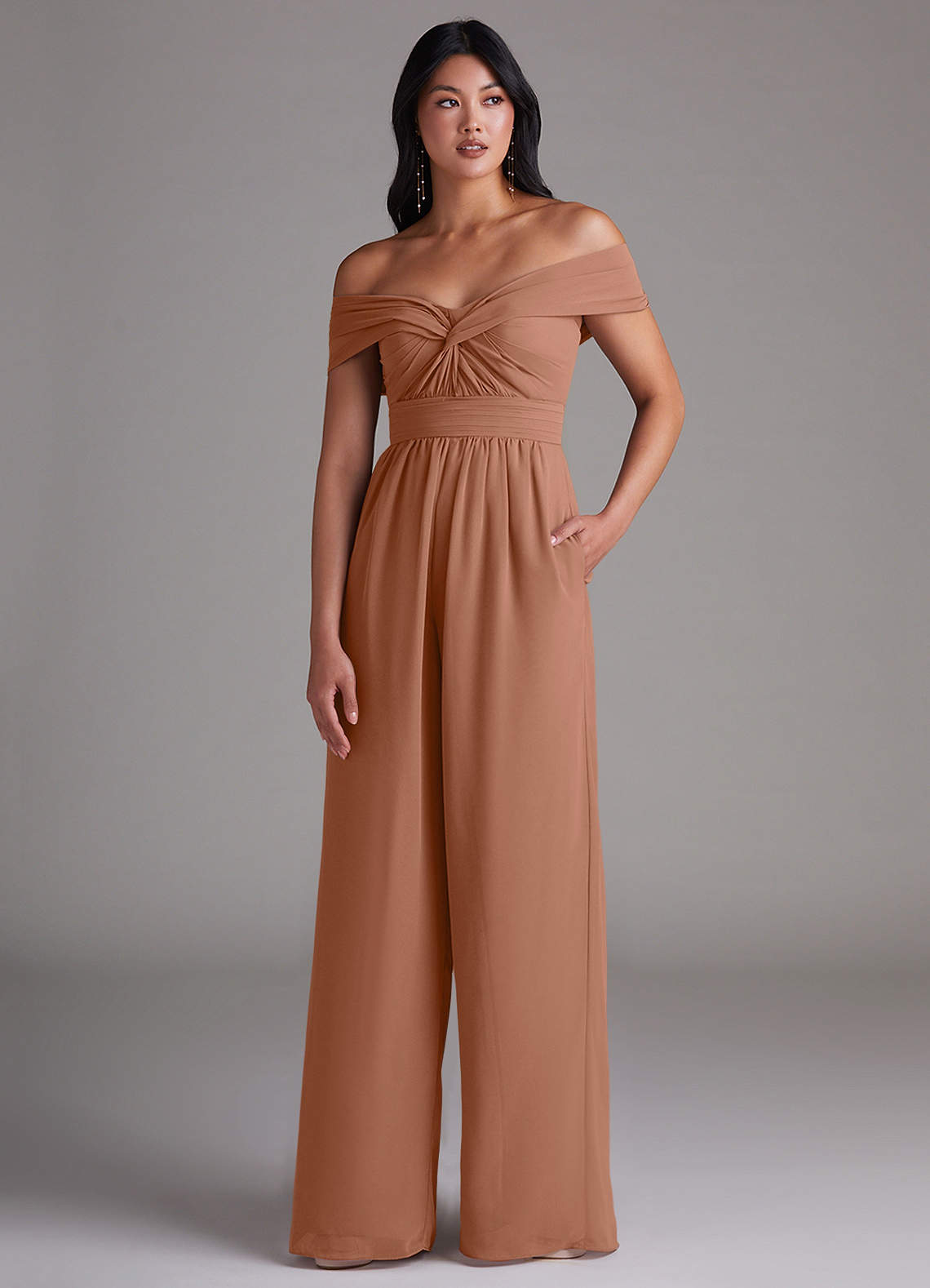 Azazie Lamara Bridesmaid Dresses Bronzer Off the Shoulder Chiffon Convertible Jumpsuit image1