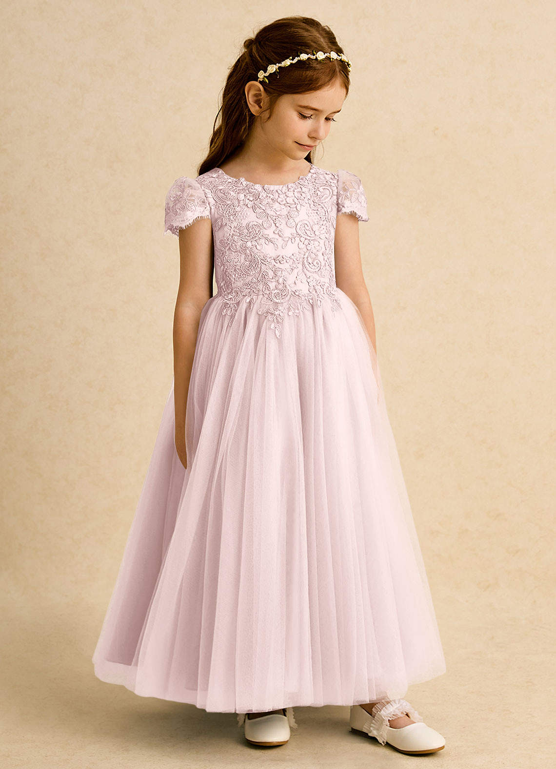 Azazie Puff Flower Girl Dresses Blushing Pink Ball-Gown Lace Tulle Dress image3