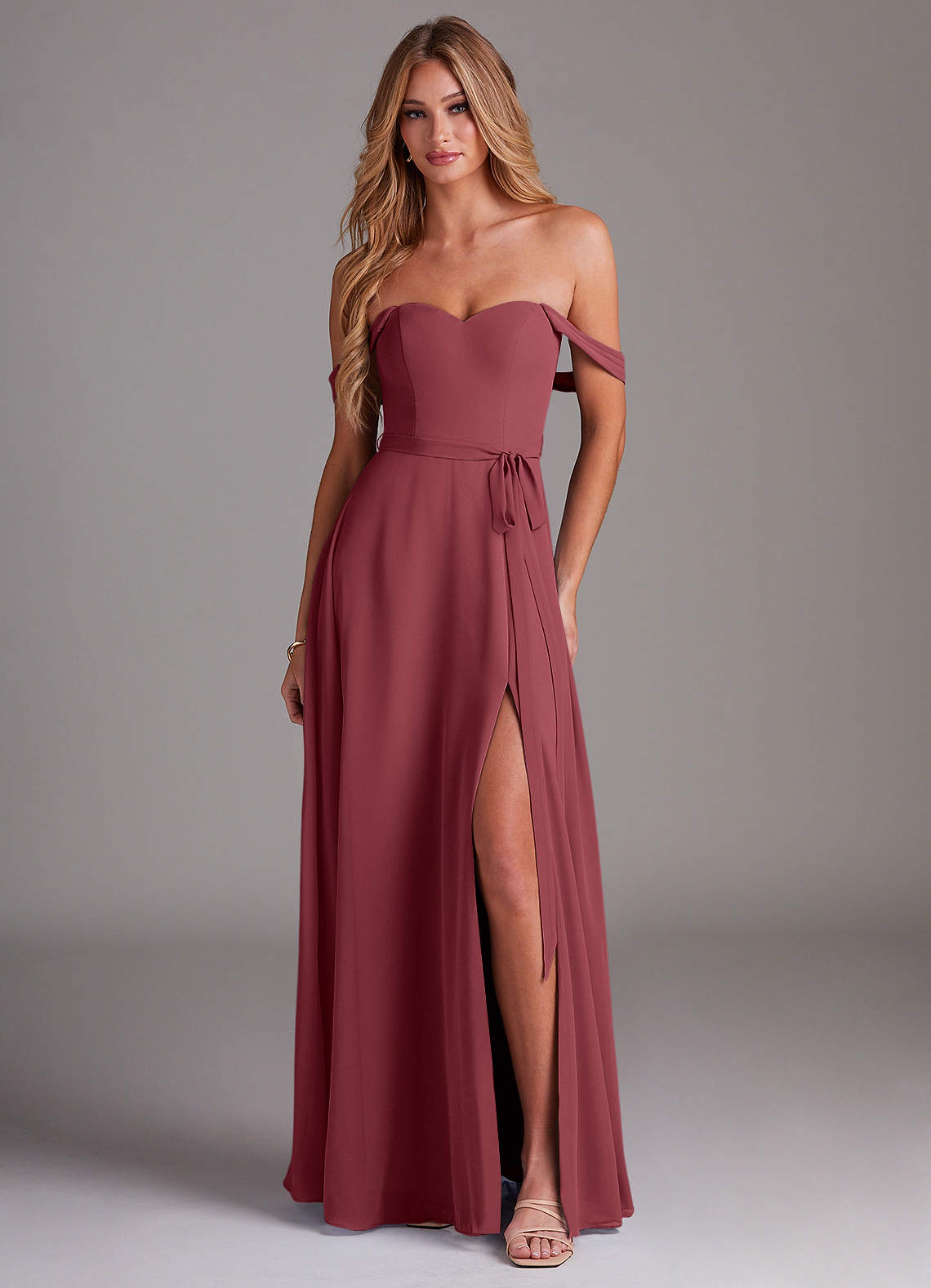 Azazie Aaron Bridesmaid Dresses Merlot A-Line Off the Shoulder Chiffon Convertible Dress image1