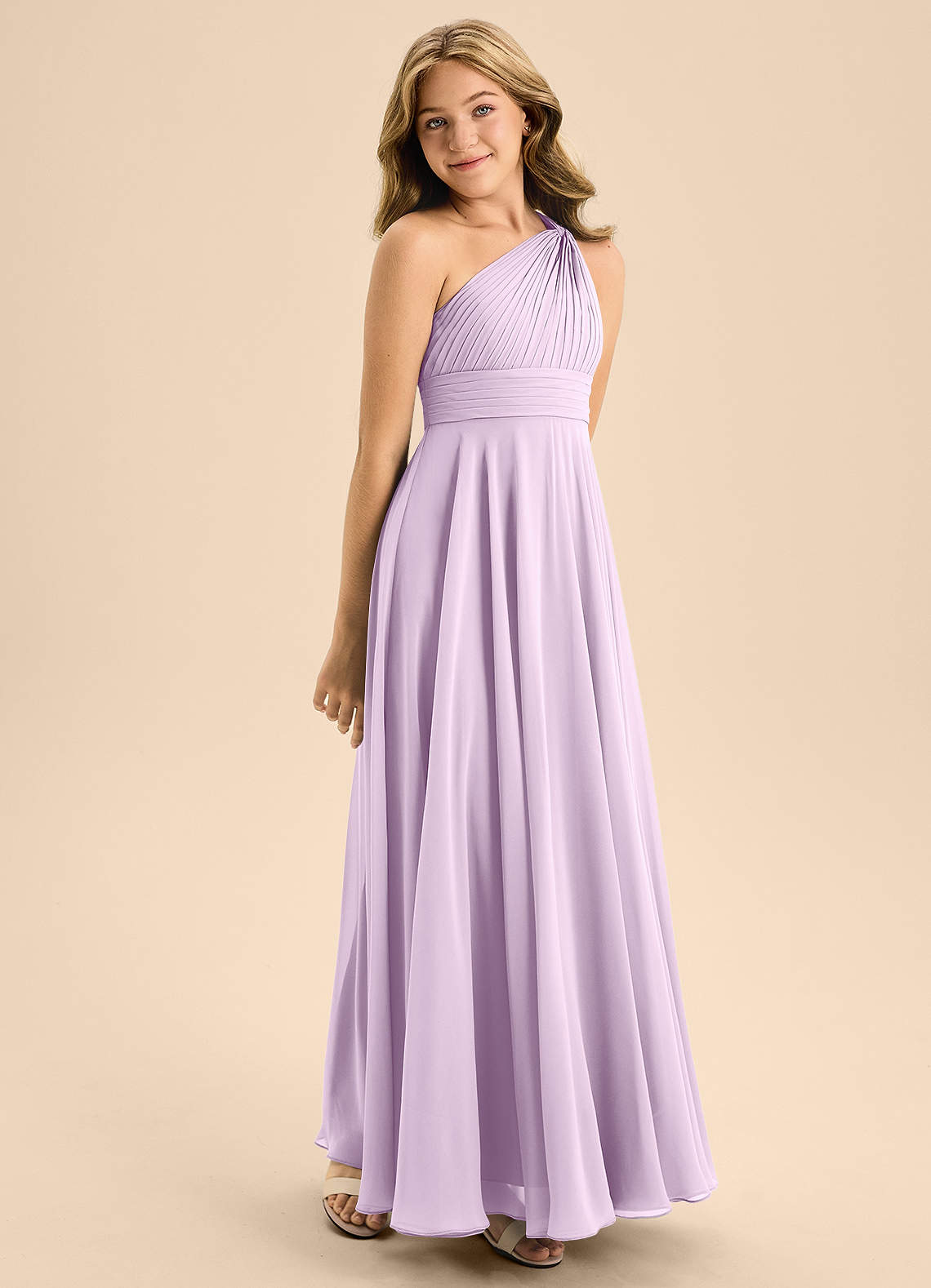 Azazie Charlize Junior Vestido Lilás Fosco de Chiffon de Linha A com Plissado image4