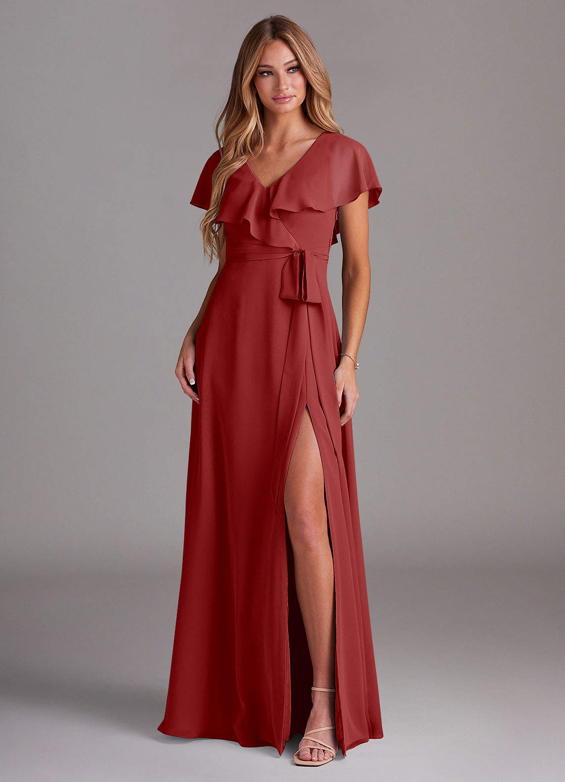 azazie rust bridesmaid dress A-Line V-Neck Floor-Length Chiffon Dresses rust bridesmaid dress