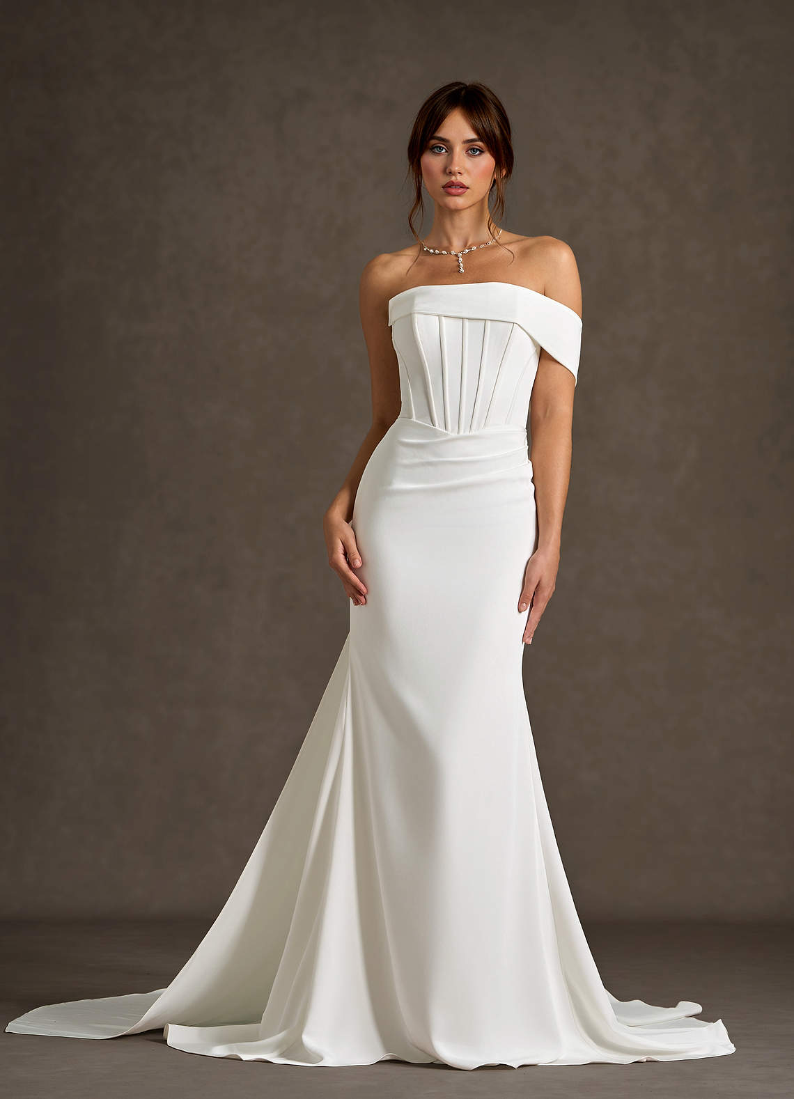 Azazie Grace Wedding Dresses Diamond White Mermaid Off the Shoulder Crepe Back Satin Dress image1