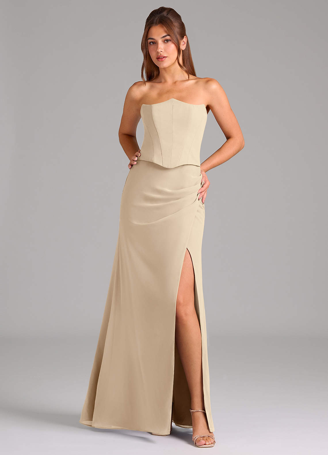 Azazie Jenine Bridesmaid Dresses Champagne Mermaid Strapless Chiffon Dress image1
