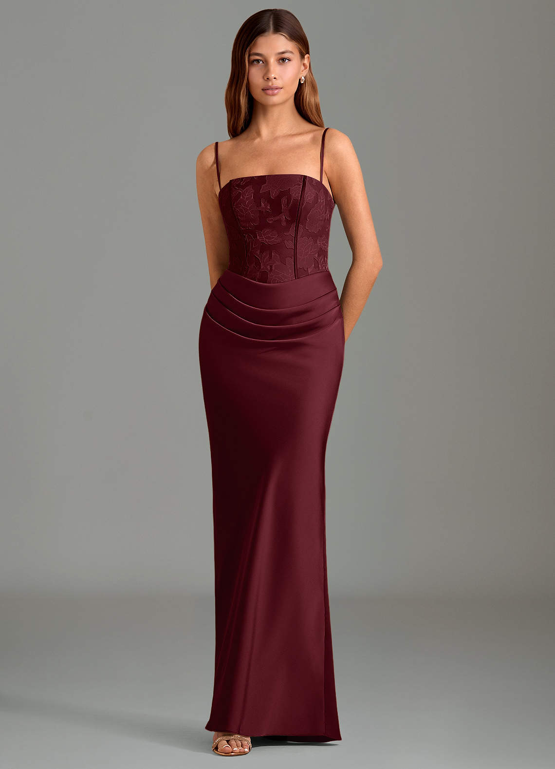 Azazie Emilia Vestidos de damas de honor Vestido de Cabernet de Satén Elástico de Corte Sirena con Sin tirantes image3
