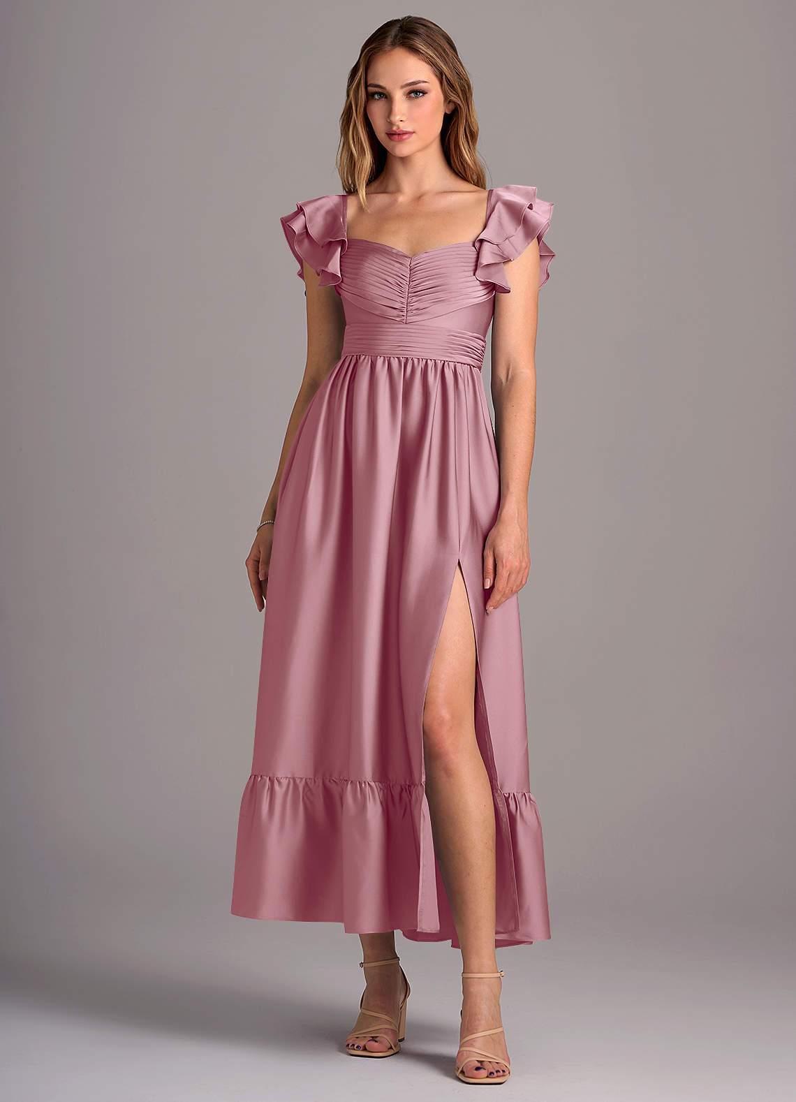 Azazie Anaya Vestidos de damas de honor Vestido de Malva Vintage de Satén Elástico de Corte en A Convertible con Escote de Corazón image1