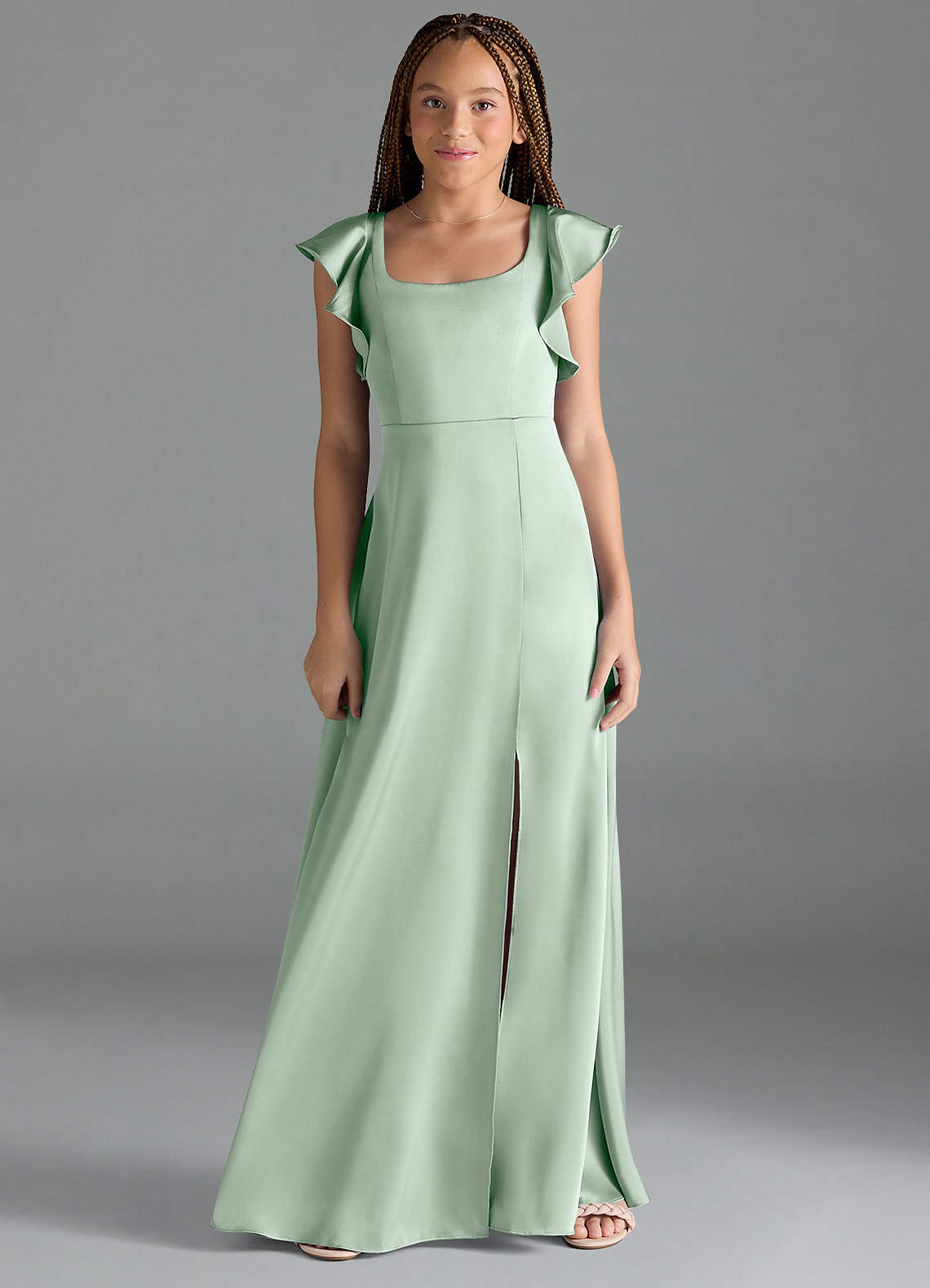 Azazie Bondi Junior Agave A-Line Side Slit Stretch Satin Dress image1