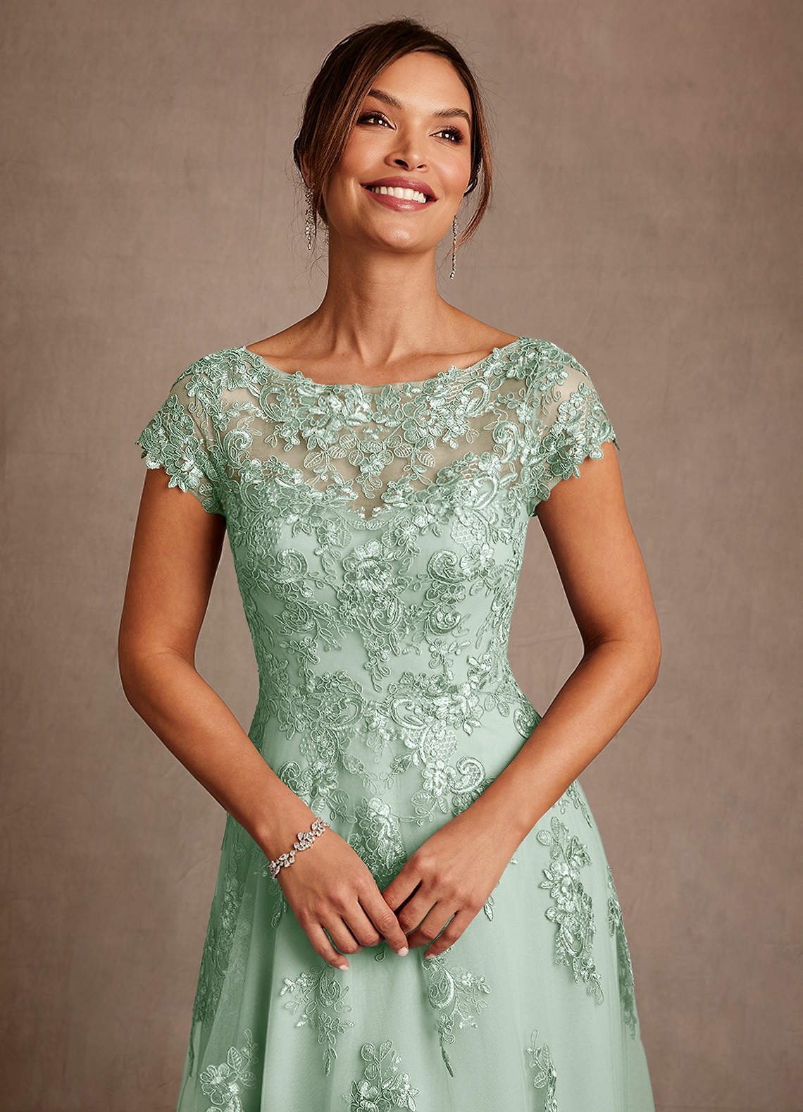 Azazie Jalinda At-home Try On Dresses Agave A-Line Lace Chiffon Dress image4