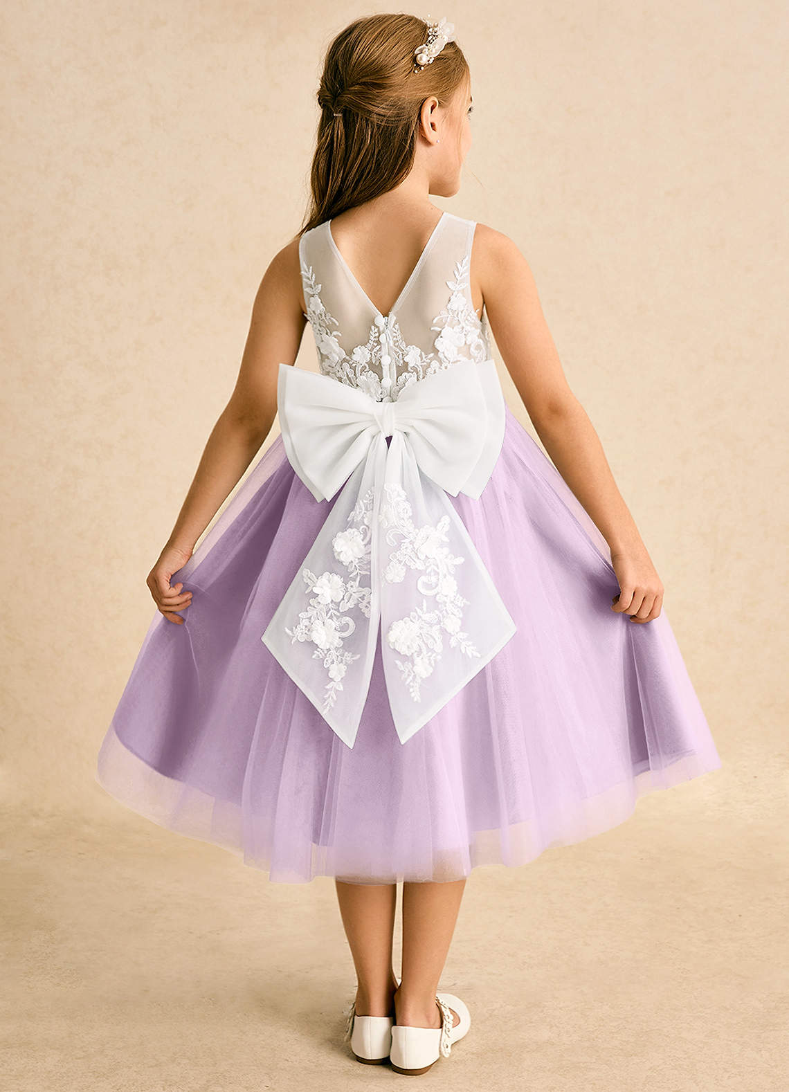 Azazie Lina Jurken voor bloemenmeisjes Baljurk Jurk van Kant Ivoor Frosted Lila image1