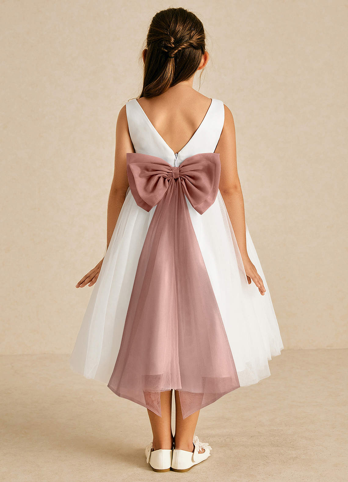 Azazie Kavi Flower Girl Dresses Ivory Cedar Rose A-Line Bow Matte Satin Dress image1