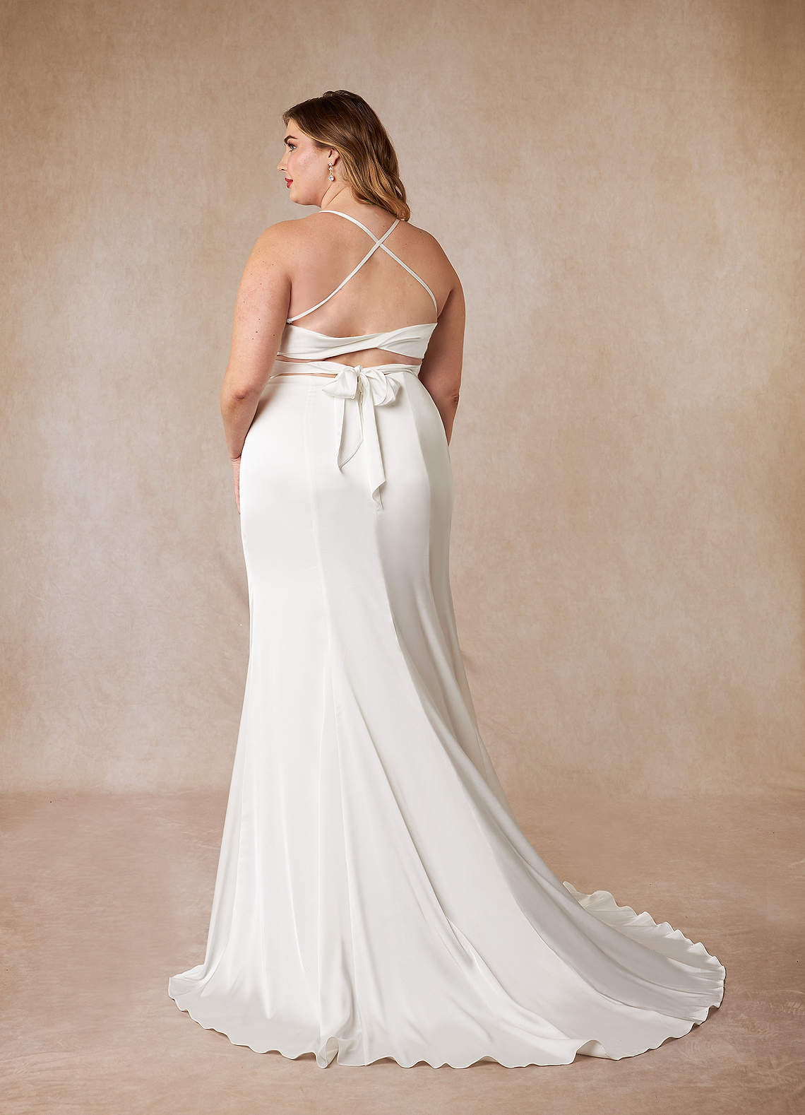 Azazie Kierra At-home Try On Dresses Diamond White Mermaid Pleated Stretch Satin Dress image10