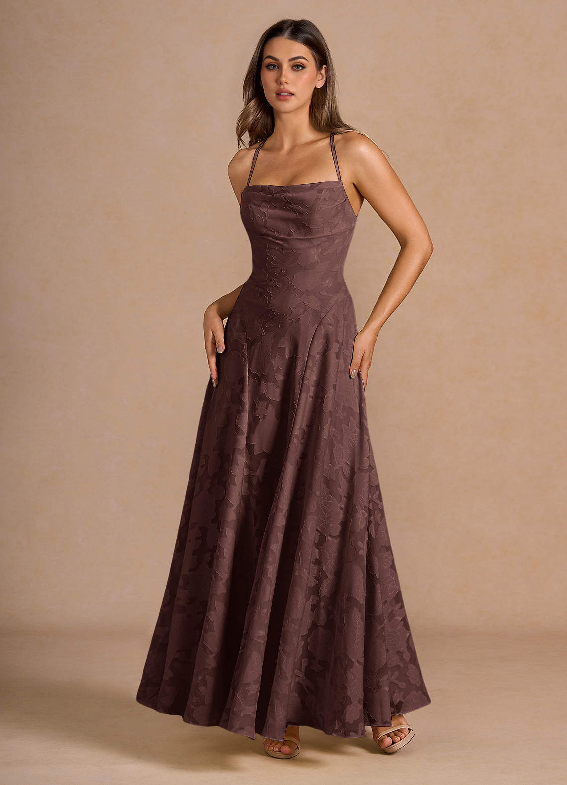 Azazie Mocha Coco Floor-Length,Maxi A-Line Straight Lace Up Open Back Prom and Evening Dress UK