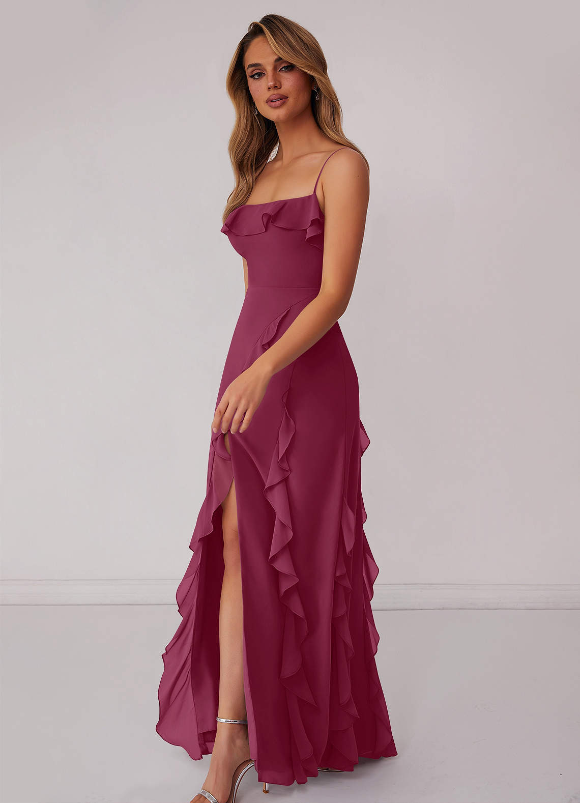 Mesh Ruffle Slit Dress Mulberry Chiffon Ruffle Column Dress with Leg Slit Bridesmaid Dresses ...