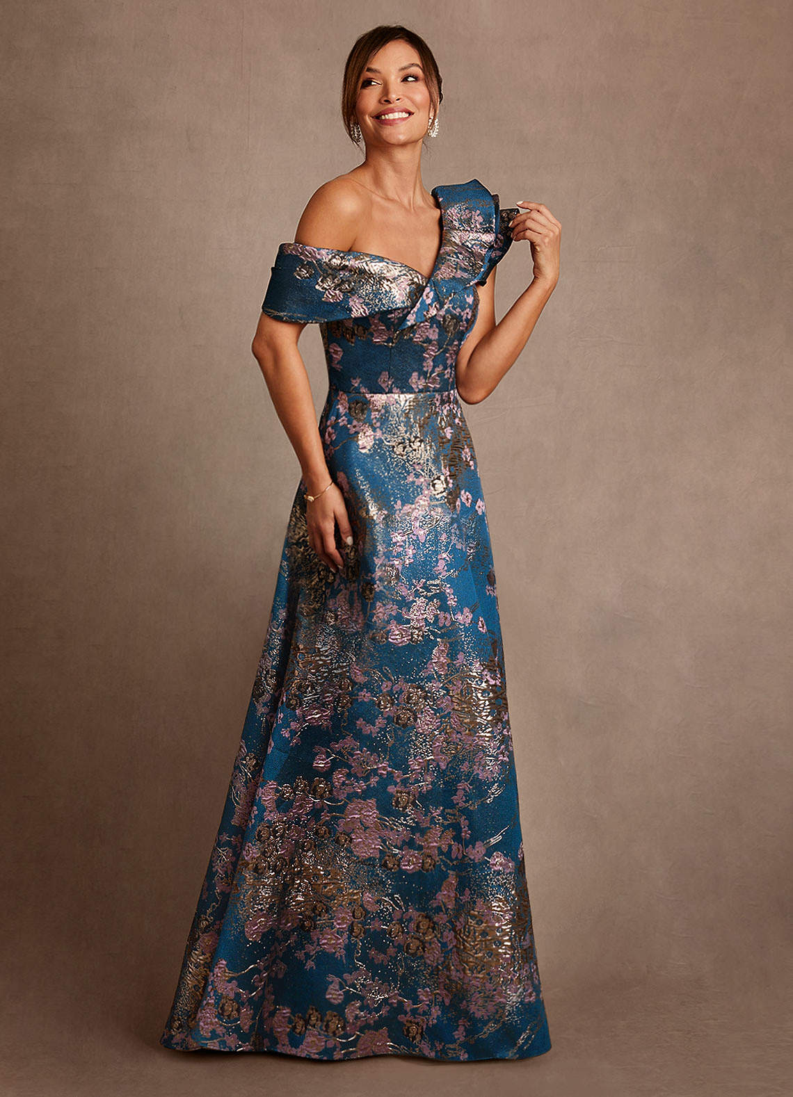 Azazie Des Moines Teal Floral A-Line One Shoulder Floral Jacquard