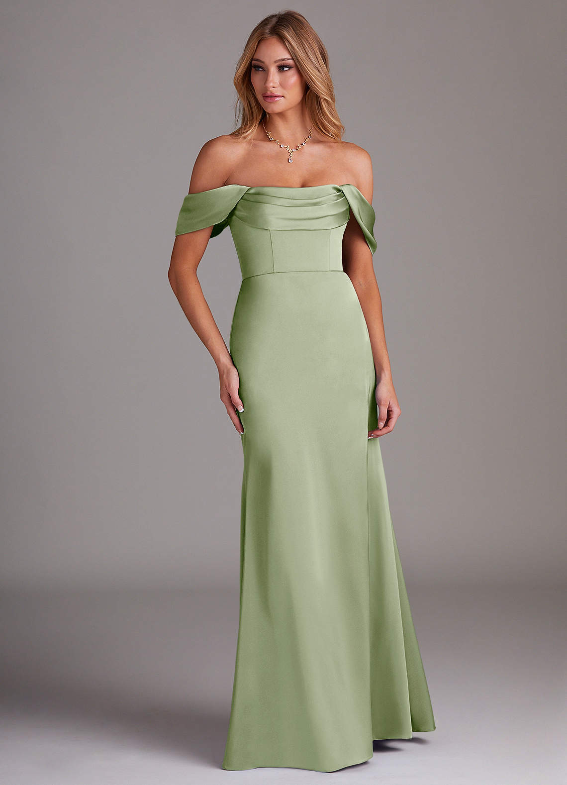 Azazie Saige Bridesmaid Dresses Dusty Sage Sheath Off the Shoulder Stretch Satin Dress image3